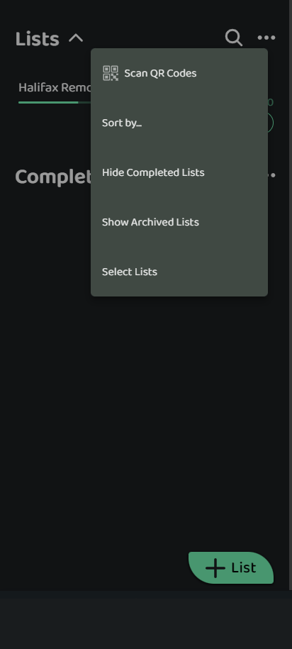 Screenshot: Lists Page Menu