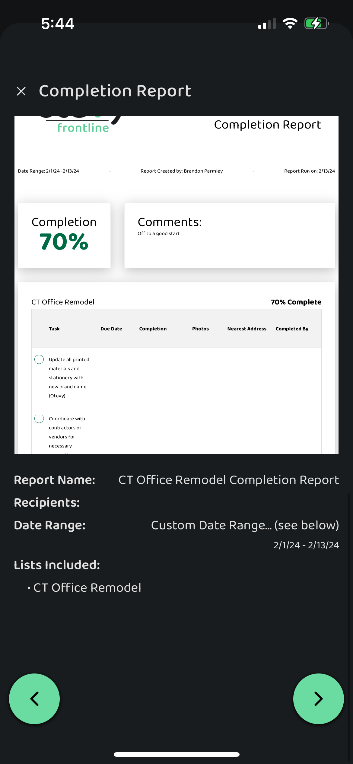 Screenshot: Completion Report