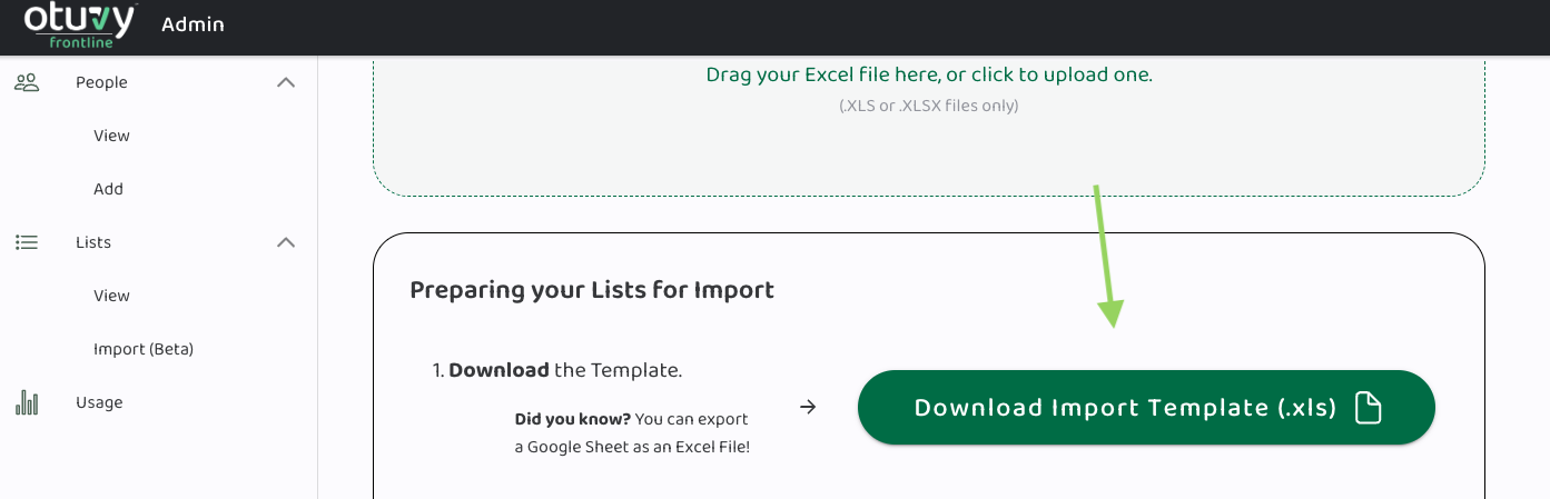 Screenshot: Import Lists in Otuvy Frontline Admin Portal