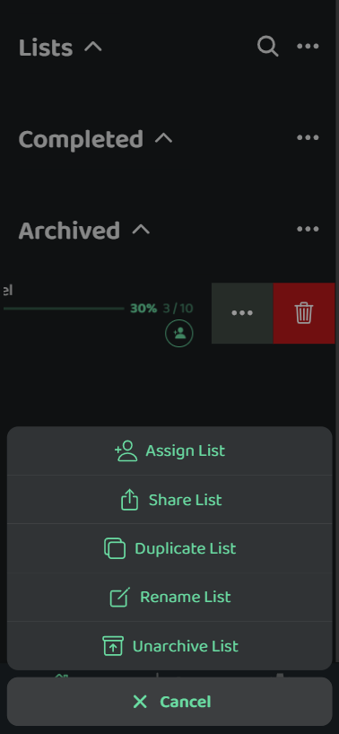 Screenshot: Unarchiving Lists