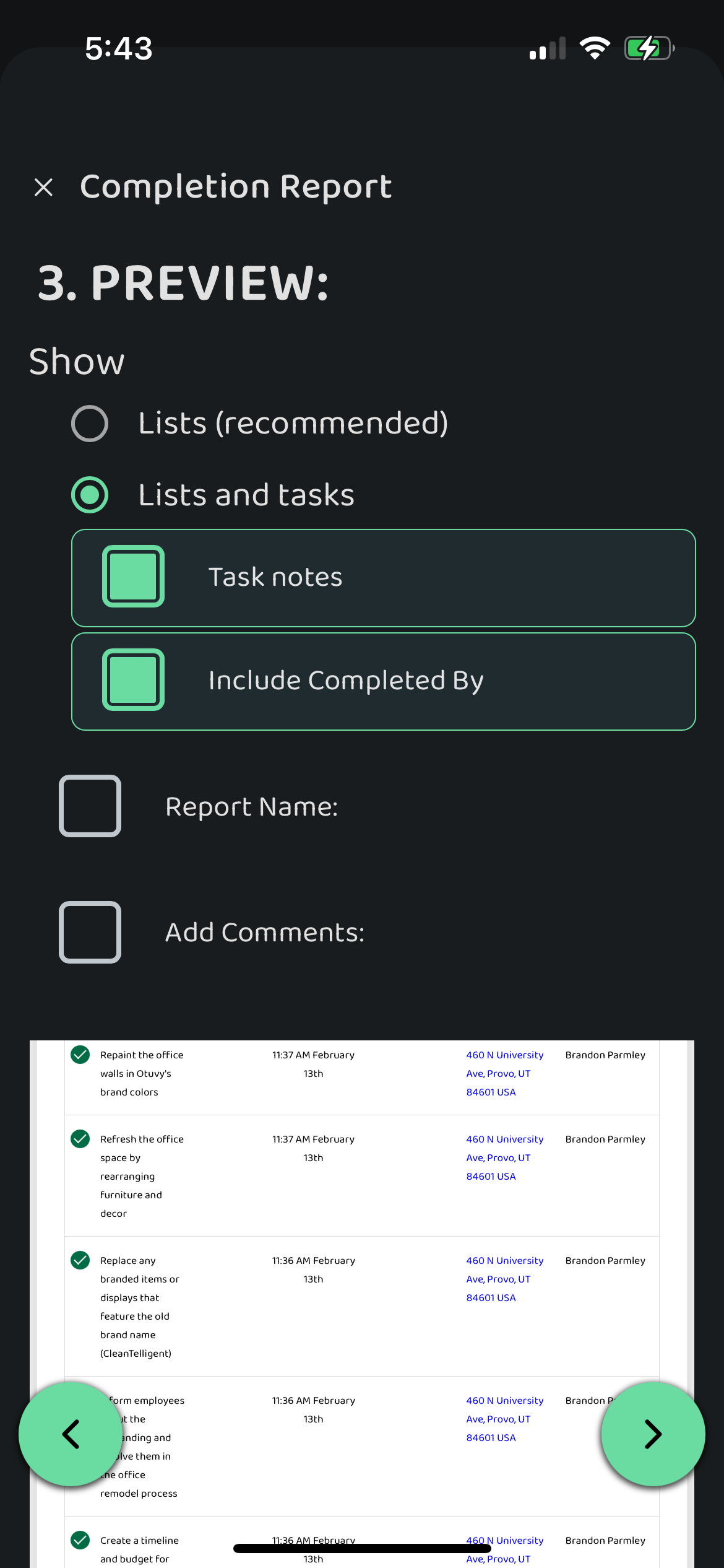 Screenshot: Completion Report