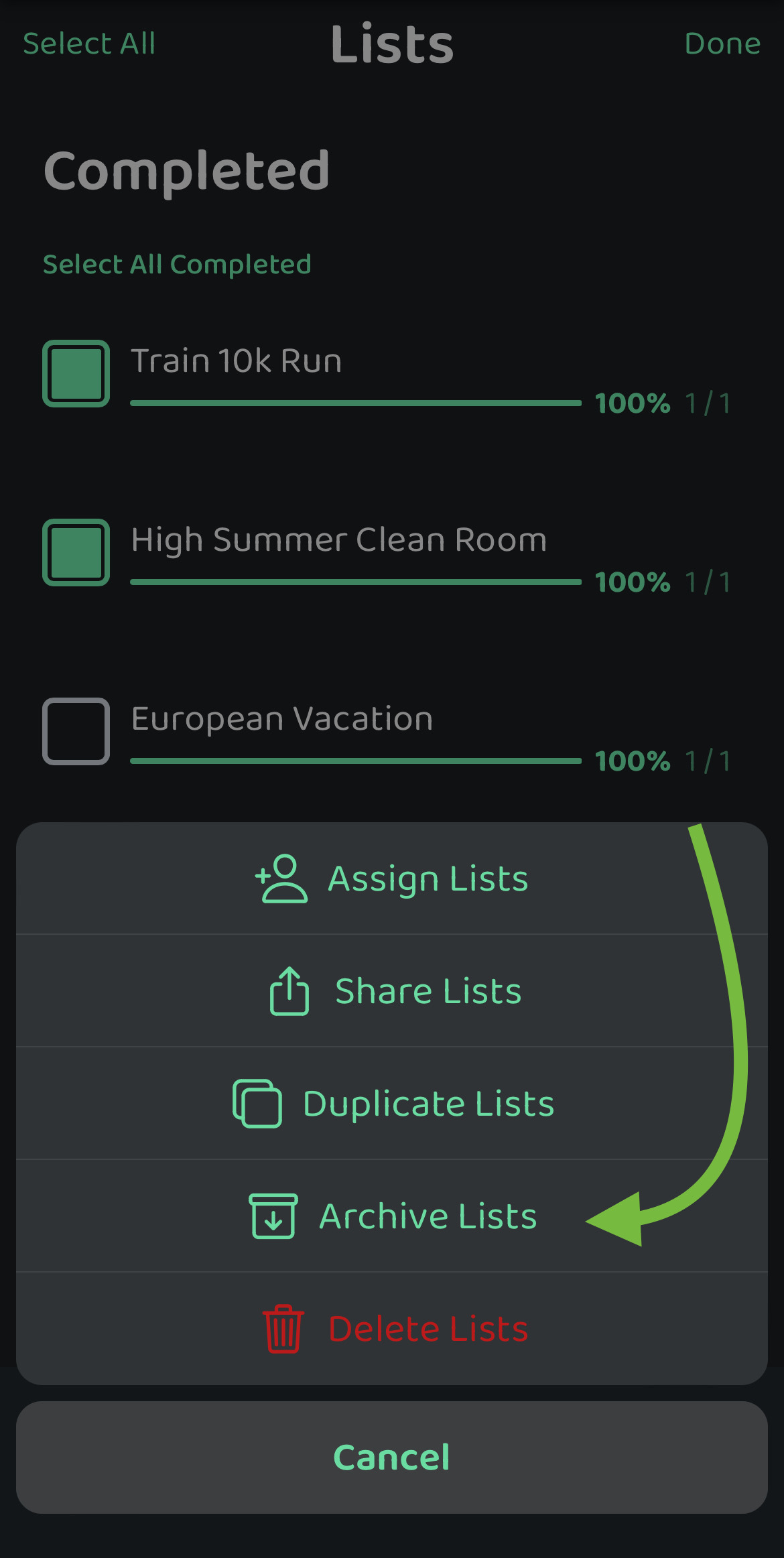 Screenshot: Archiving Multiple Lists