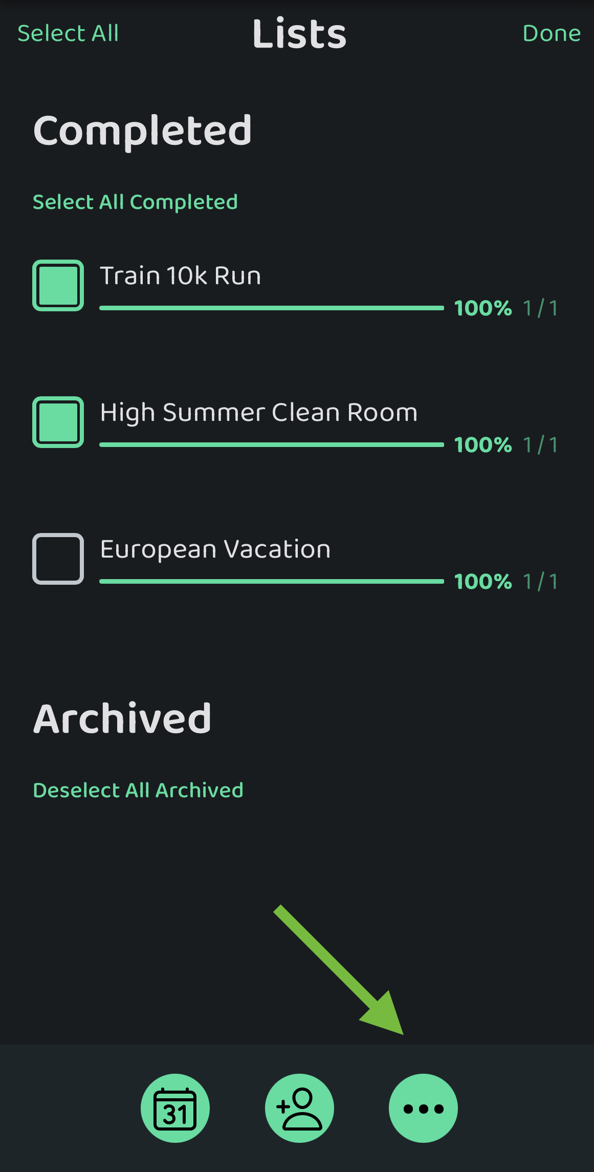 Screenshot: Archiving Multiple Lists