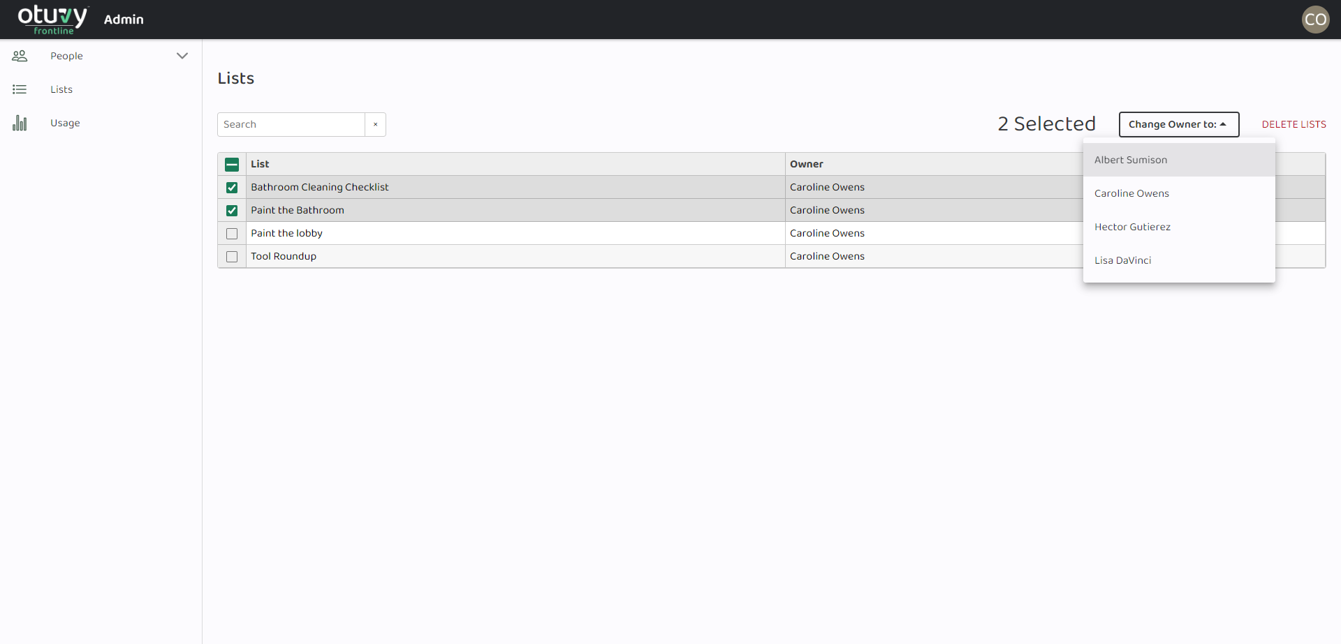 Screenshot: Manage Lists in the Otuvy Frontline Admin Portal