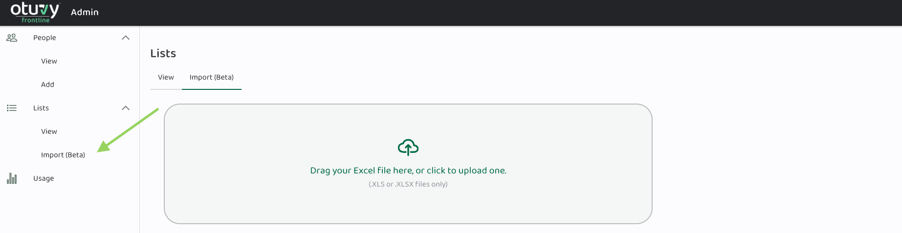 Screenshot: Import Lists in Otuvy Frontline Admin Portal