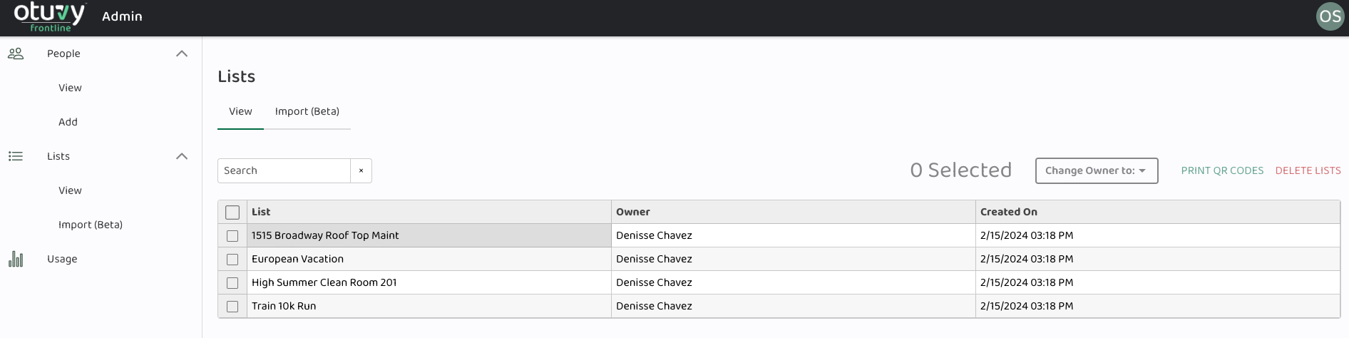Screenshot: Import Lists in Otuvy Frontline Admin Portal