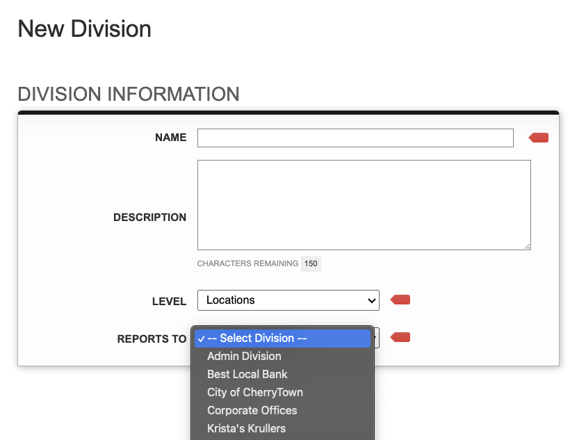 Screenshot: Creating a new Division