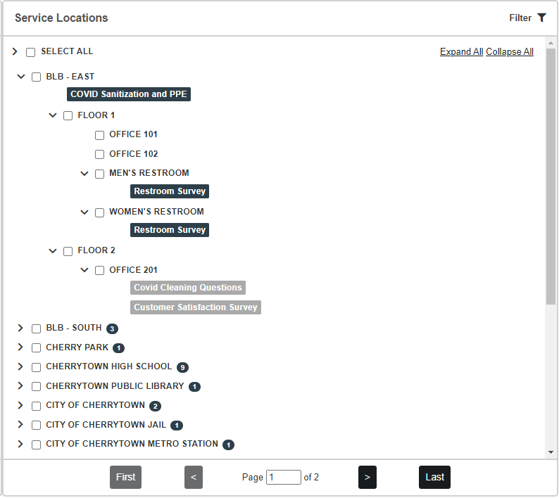 Screenshot: Service Location Selection Panel