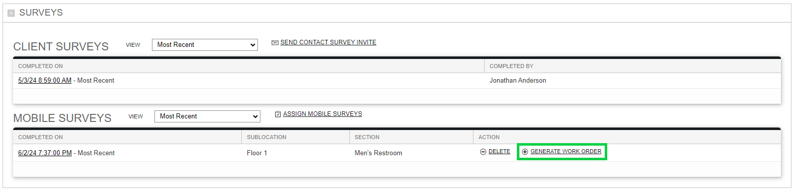 Screenshot: Manually Generate Work Orders from Mobile Surveys
