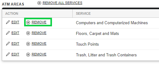 Screenshot: Removing Services and/or Areas