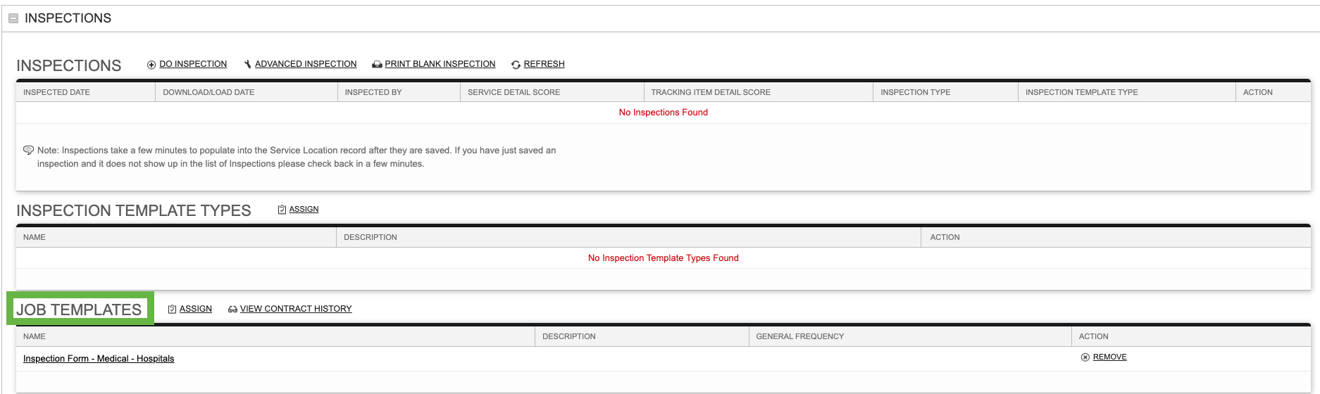 Screenshot: Assigning a Job Template from the Service Location Record
