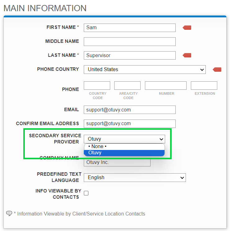 Screenshot: Assign the Secondary Service Provider