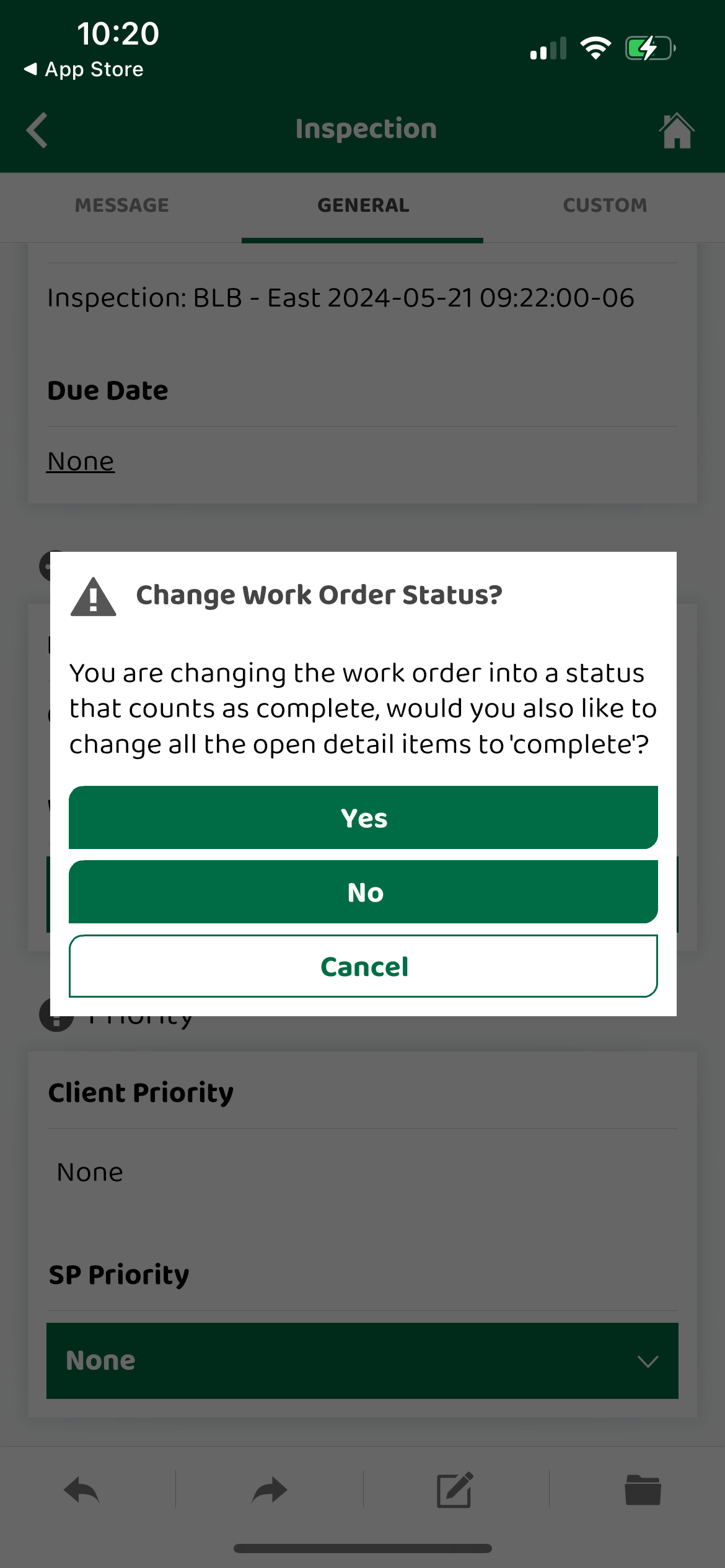Screenshot: Update The Work Order Status