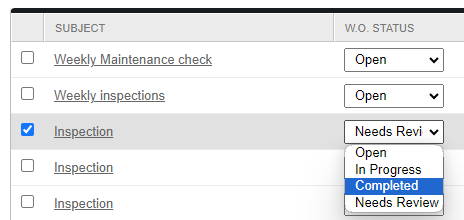 Screenshot: Update The Work Order Status