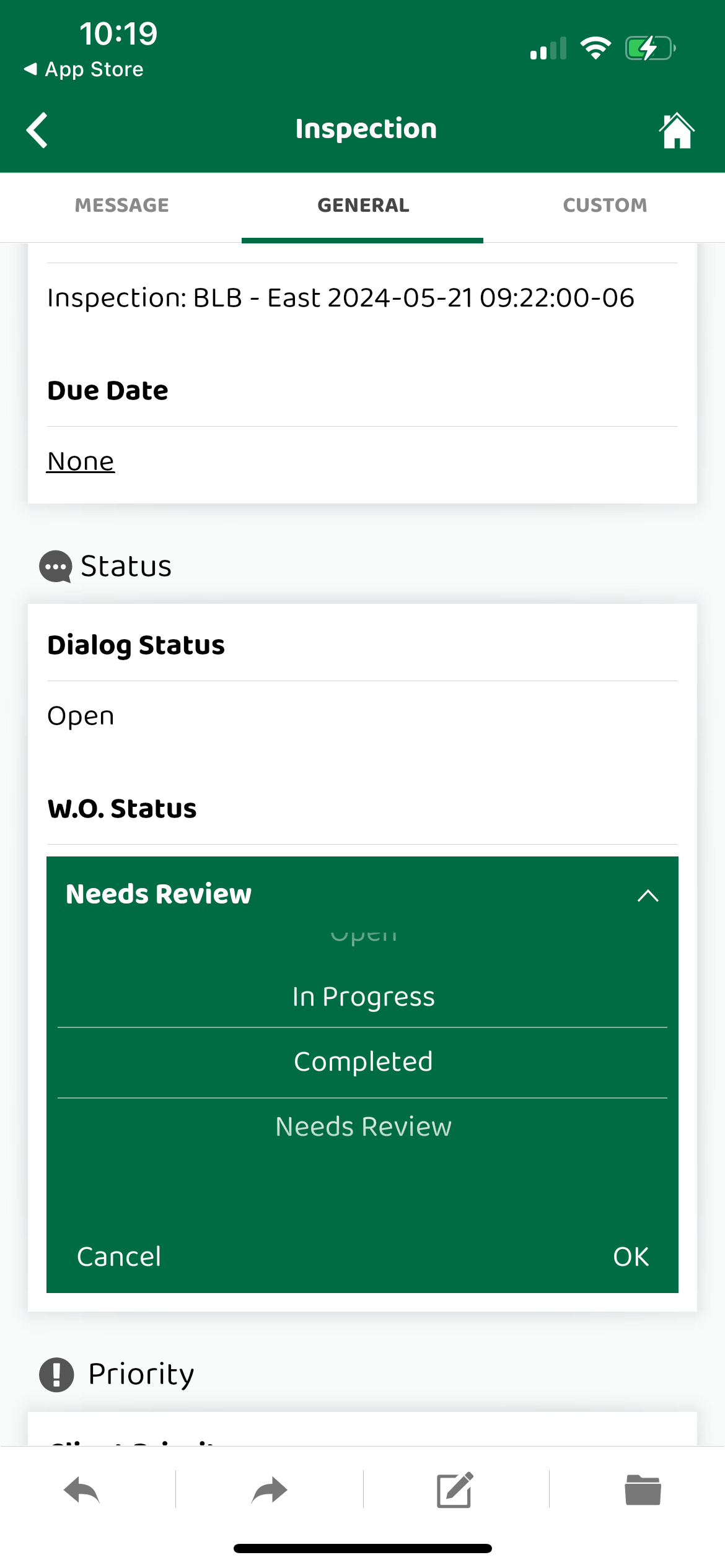 Screenshot: Update The Work Order Status