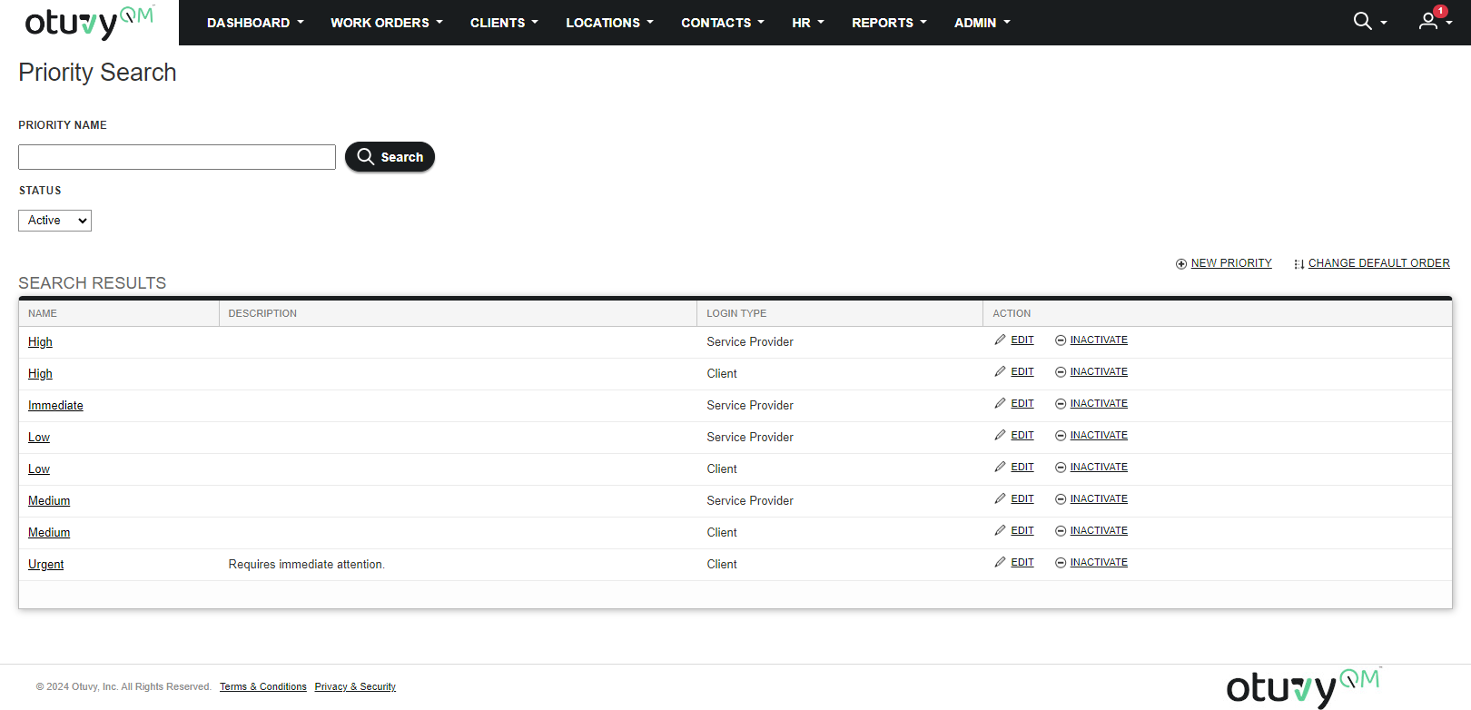 Screenshot: Work Order Priorities