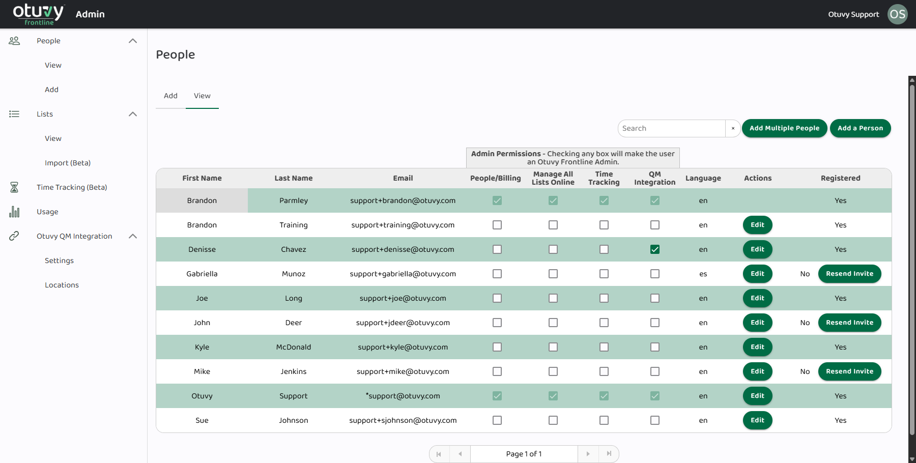 Screenshot: Edit Users in Otuvy Frontline
