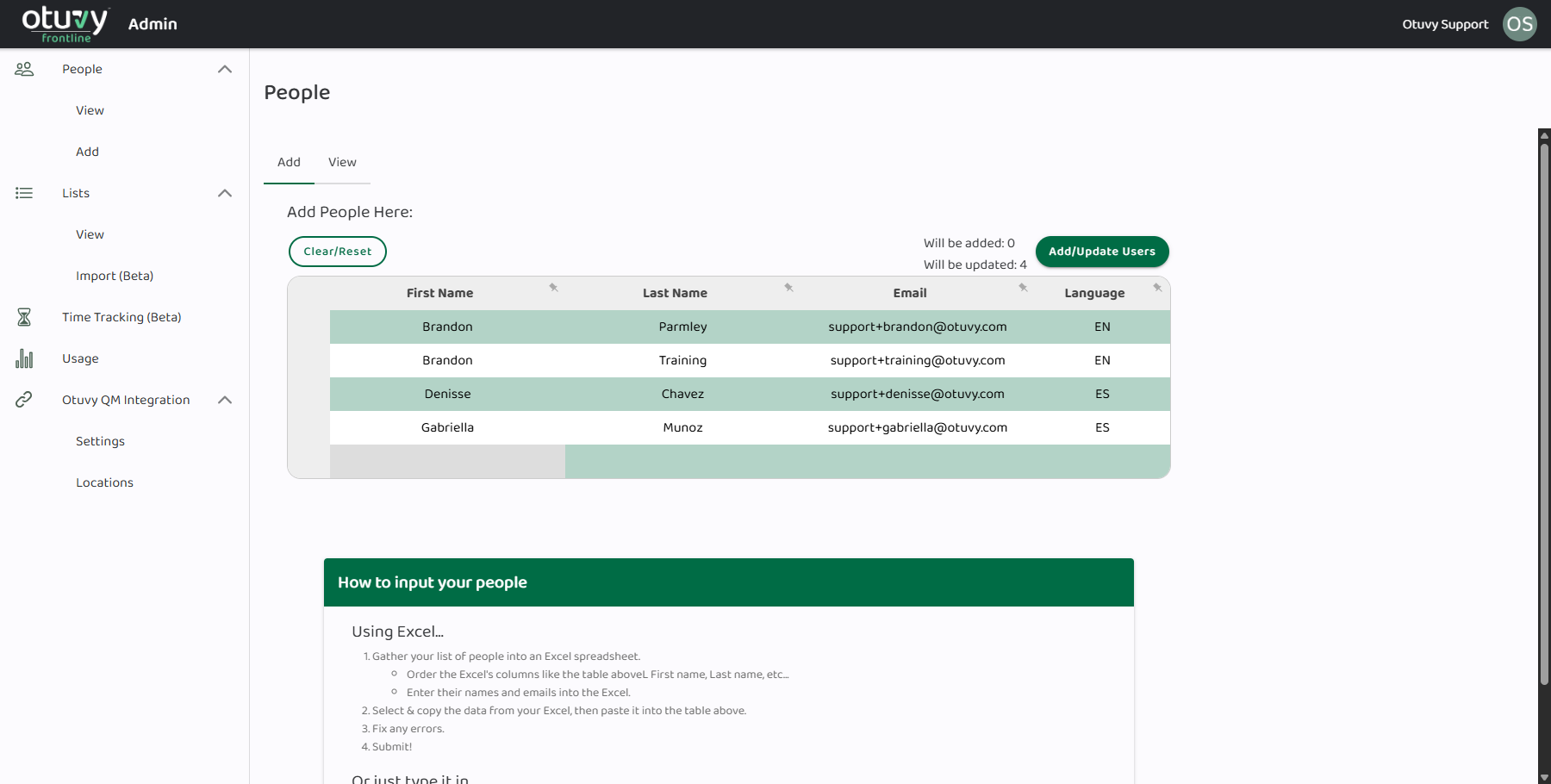 Screenshot: Edit Users in Otuvy Frontline