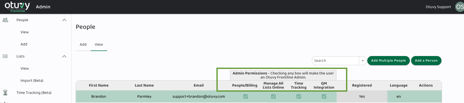 Screenshot: Admin Permissions