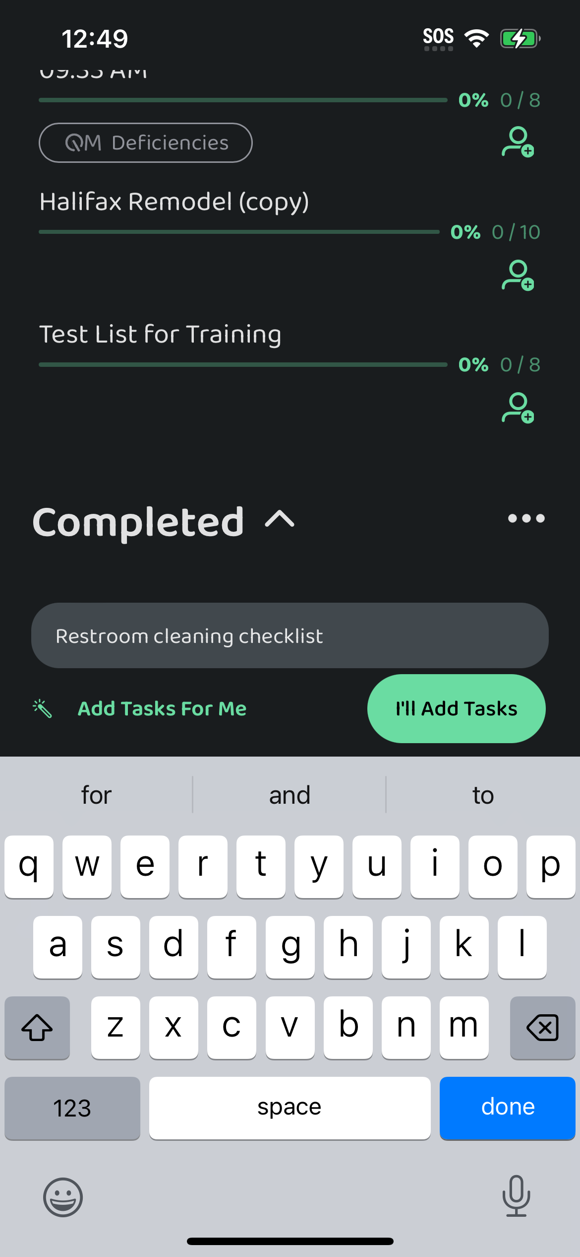 Screenshot: Creating Lists in Otuvy Frontline Mobile