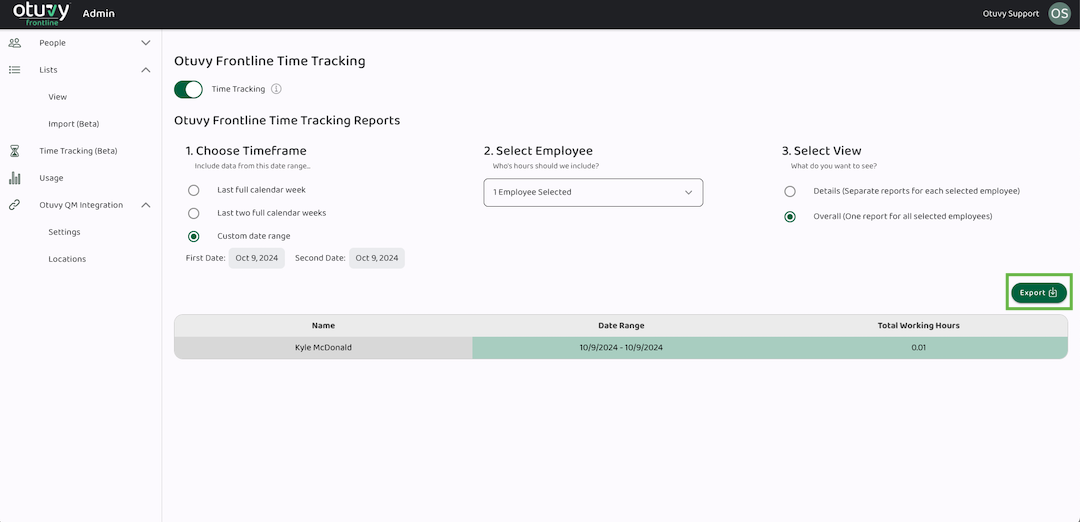 Screenshot: Time Tracking Report in the Admin Portal