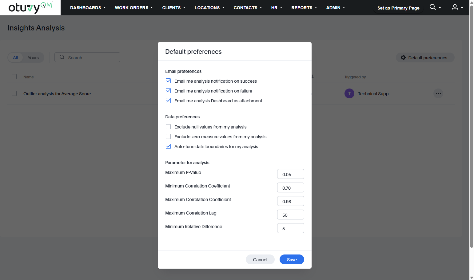 Screenshot: Edit Analysis Insights Preferences