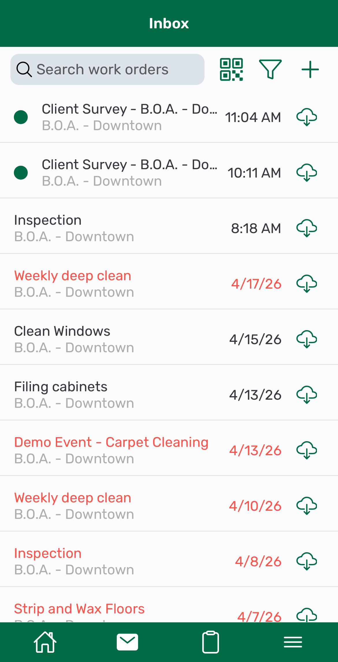 Screenshot: Work Order inbox