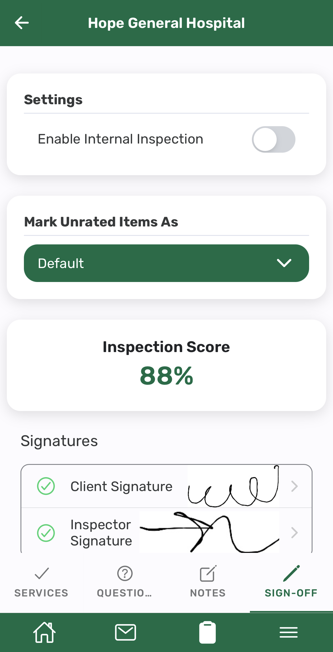 Screenshot: Sign Off Tab