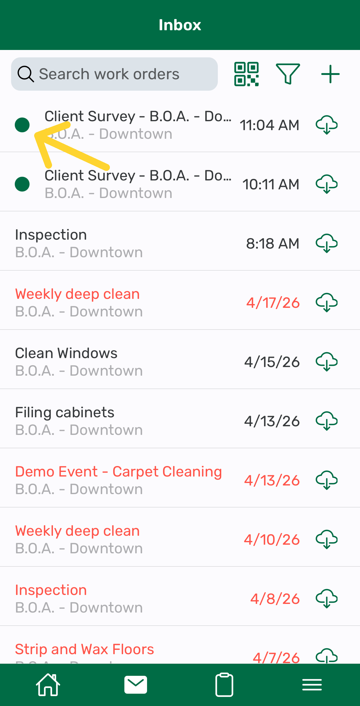 Screenshot: Work Order Action Indicators in the Otuvy QM Mobile App